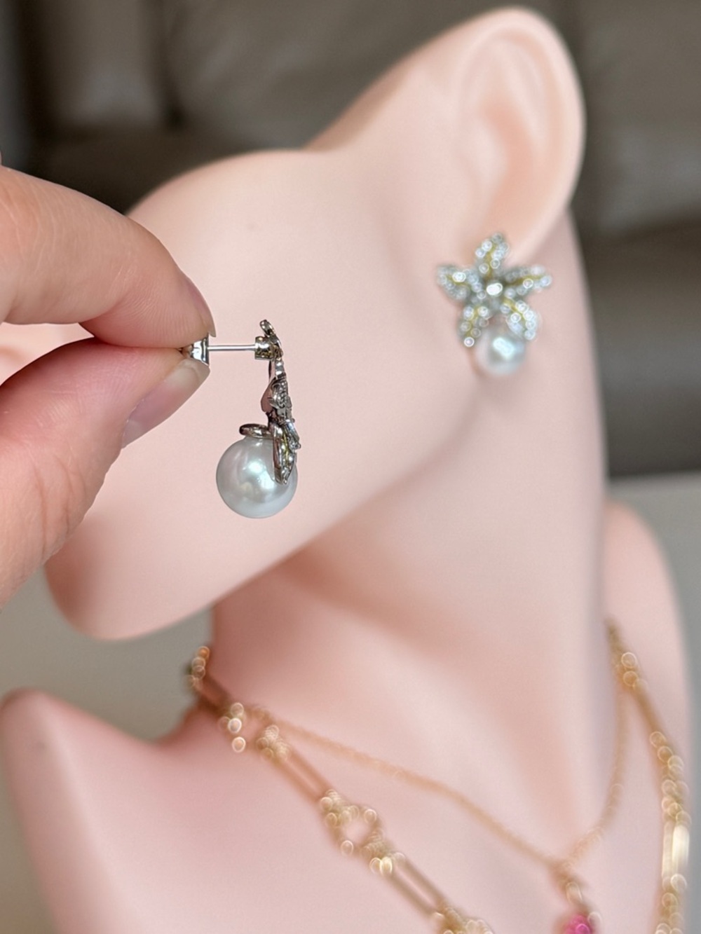 Pearl & Crystal Flower Earrings - Picture 6 of 11